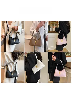 Collage of leather hobo bags in four colors with gold buckles worn by a model