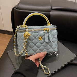 Quilted Rhombic Crossbody Bag PU Leather Elegant Metal Handle Gold Chain Flower Decor Fashion Vanity Case Handbag
