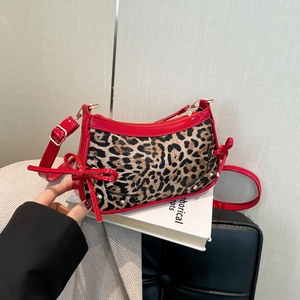 Vintage Leopard Print Bow Underarm Bag For Women Fashion PU Leather Shoulder Crossbody Bag With Rivets Streetwear Y2K Bag