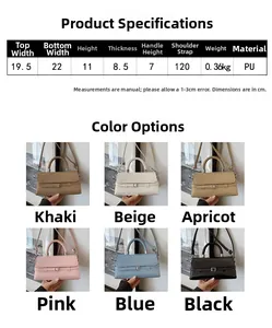 Size guide for PU crossbody bag featuring dimensions, weight, and 6 available color options