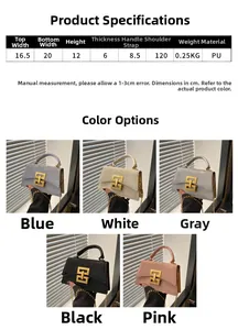 Tableau des tailles pour sac en PU avec dimensions, poids et cinq options de couleur