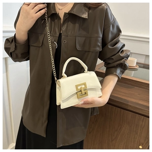 Gros plan du mini sac blanc avec fermoir doré et bandoulière en chaîne