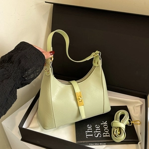 Women Hobo Underarm Bag PU Leather Textured Shoulder Crossbody Bag With Gold Lock Minimalist Commuter Handbag