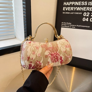 Women Vintage Floral Jacquard Evening Clutch Bag Metal Handle Rhinestone Lock Detachable Chain Shoulder Crossbody Purse