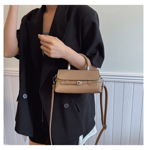 Detail of a brown leather small square bag with a silver buckle and adjustable strap