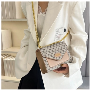 Détail du sac chaîne vintage beige avec motif classique et boucle dorée avec logo