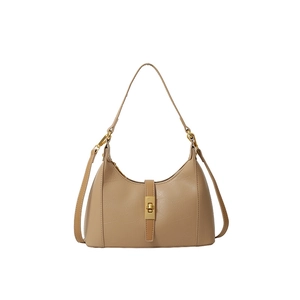 Chic beige hobo bag with feather pattern texture and gold metallic clasp closure