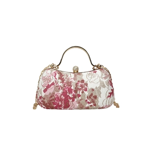 Vintage floral jacquard evening box bag with flower clasp and gold chain handle
