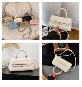 Collage of chic PU leather square handbags showing multiple colors and strap details