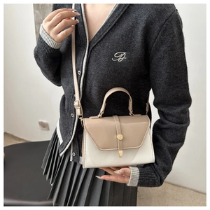 Model wearing a small beige and brown two-tone crossbody bag with gold round buckle details