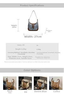 Tableau des tailles d'un grand sac bandoulière en similicuir avec dimensions et détails