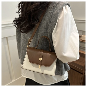 Detail of a vintage retro style brown and white crossbody bag with gold buckle hardware