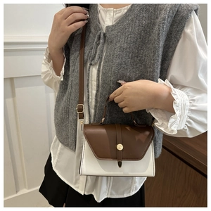 Detailed view of color-blocked structured mini bag with gold hardware and shoulder strap