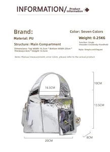 Dimensions du petit sac argenté en PU: largeur 20cm, hauteur 13,5cm, poids 0,25kg