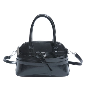Fashionable black shell handbag with belt buckle detail and adjustable strap