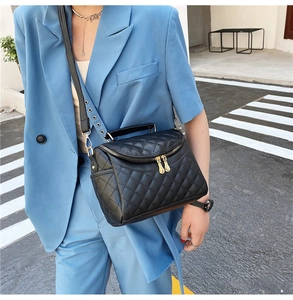 Close-up of black quilted PU leather crossbody bag with golden dual zipper detail