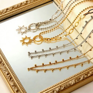 Stainless Steel Sun Pendant Necklace 18K Gold Plated Asymmetrical Link And Bead Chain Hollow Jewelry For Women