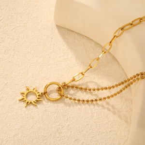Gold hollow sun pendant necklace with double-layer mixed paperclip and bead chain