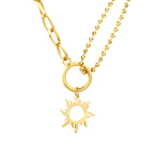 18K gold plated stainless steel sun pendant necklace with mixed link and bead chain
