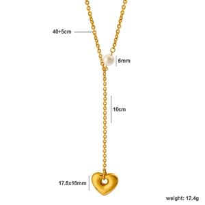 Collier en Y en acier doré avec perle de 6mm et pendentif en forme de cœur évidé