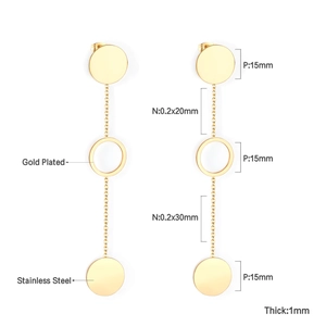Detail view of gold plated stainless steel drop earrings with dimensions and chain lengths