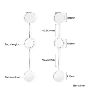 Detailed dimensions of stainless steel drop earrings with antiallergic disk charms