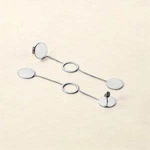 Polished stainless steel geometric fringe drop earrings with sleek round discs