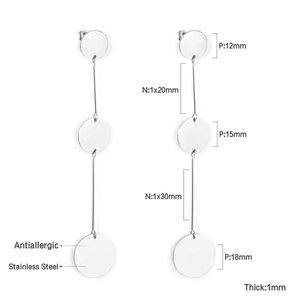 Detailed size chart of stainless steel geometric drop earrings with triple round discs