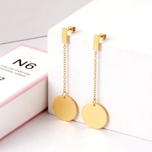 Stainless Steel Geometric Circle Disc Long Drop Dangle Earrings High Polish Minimalist Fringe Fashion Jewelry For Women