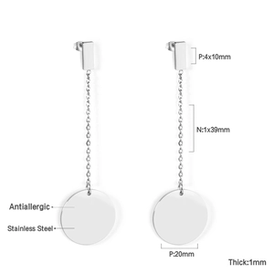 Detail of stainless steel drop earrings showing 20mm round pendant and dimensions