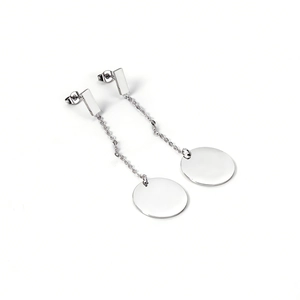 Polished geometric drop earrings with long chain tassel and circular pendant