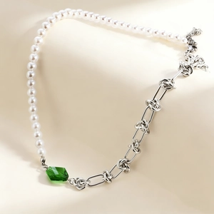 Collier Asymétrique Acier Inoxidable Künstliche Perle Blanche Strass Losange Vert Chaîne À Nœuds Bijoux Pour Femmes Élégant