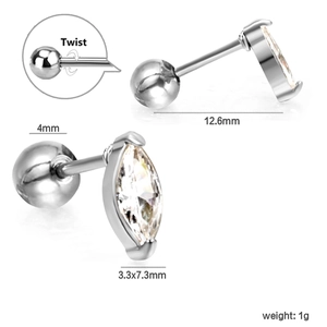 Boucle d'oreille marquise en acier inoxydable poli avec cristal blanc et fermoir à vis