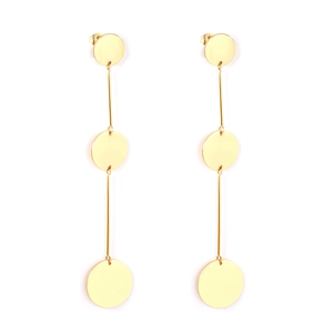 Minimalist gold geometric drop earrings with three polished circular discs on white background
