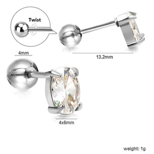 Detailed view of oval cut white zircon earring with size parameters and screw ball back