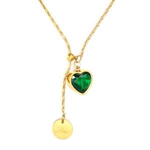 18K gold plated stainless steel necklace with green heart crystal and Love tag