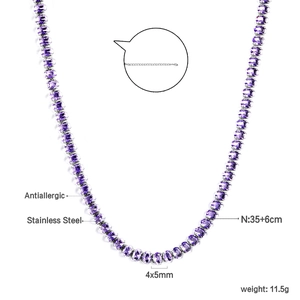 Detail of purple 4x5mm cubic zirconia tennis necklace with adjustable stainless steel chain