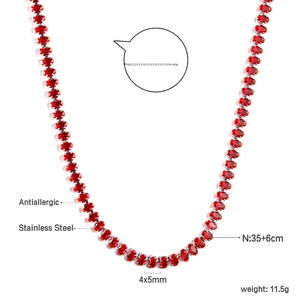 Detail of red oval zircon tennis necklace in stainless steel with 4x5mm stones and dimensions