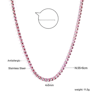 Detail of pink crystal tennis necklace in stainless steel with 35+6cm length specs