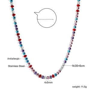 Multi-color oval cut rhinestone tennis necklace in stainless steel with size dimensions