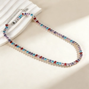 Rainbow gemstone tennis necklace in silver finish with vibrant multicolor crystals