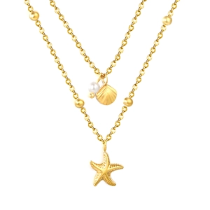 Collana a doppio strato dorata con ciondoli a stella marina e conchiglia con perla