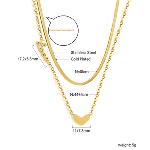 Detailed specs for gold double layer stainless steel necklace with love and heart charms
