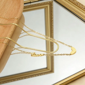 Double-layered 18K gold plated stainless steel heart and Love letter necklace set