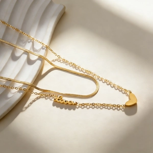 Double-layered 18K gold-plated stainless steel necklace with heart and Love pendant
