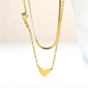 Double-layered 18K gold plated stainless steel necklace with heart and Love pendant