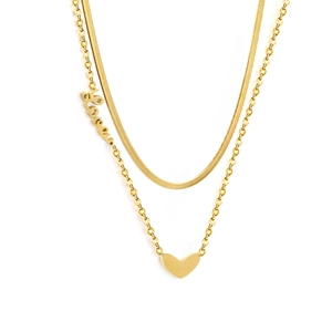 Double layered gold stainless steel necklace with Love letter and heart pendant