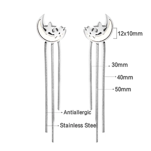 Detailed view of stainless steel star moon earrings with snake chain tassels and dimensions