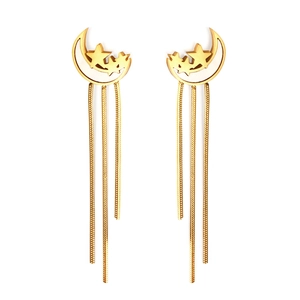 Gold long chain tassel earrings with shell moon and stars in stainless steel