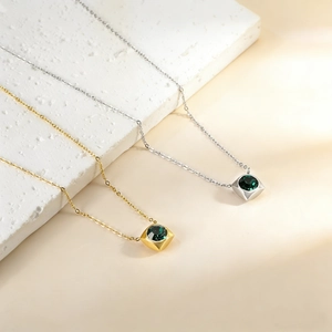 Square pendant necklaces with green crystals in 18K gold and silver plated finish